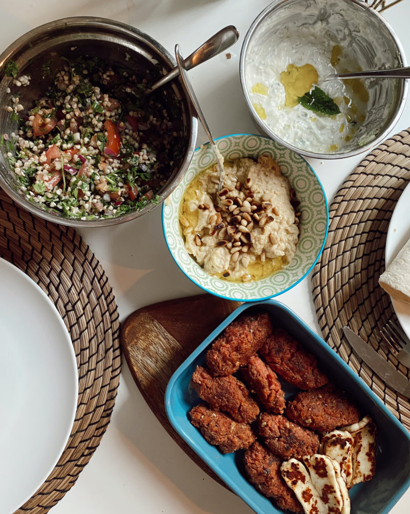 VEGAN KOFTAS WITH HUMMUS TABBOULEH AND FATTOUSH SALAD