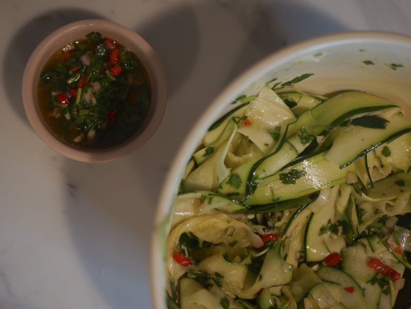 CHIMICHURRI TUNA STEAKS WITH CRISPY GARLIC POTATOES AND RIBBON COURGETTE